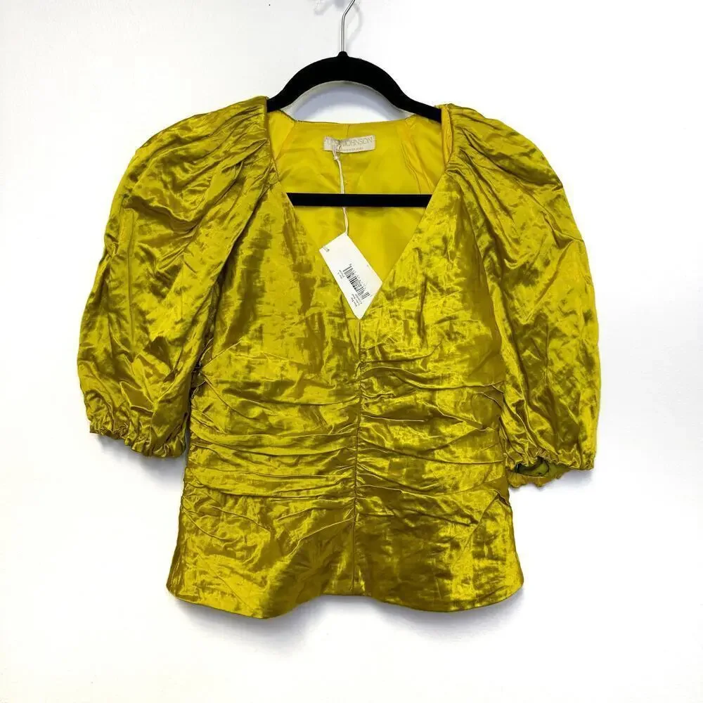 NWT $795 Ulla Johnson Vera Top - Metallic Ruched Puff Sleeve Blouse